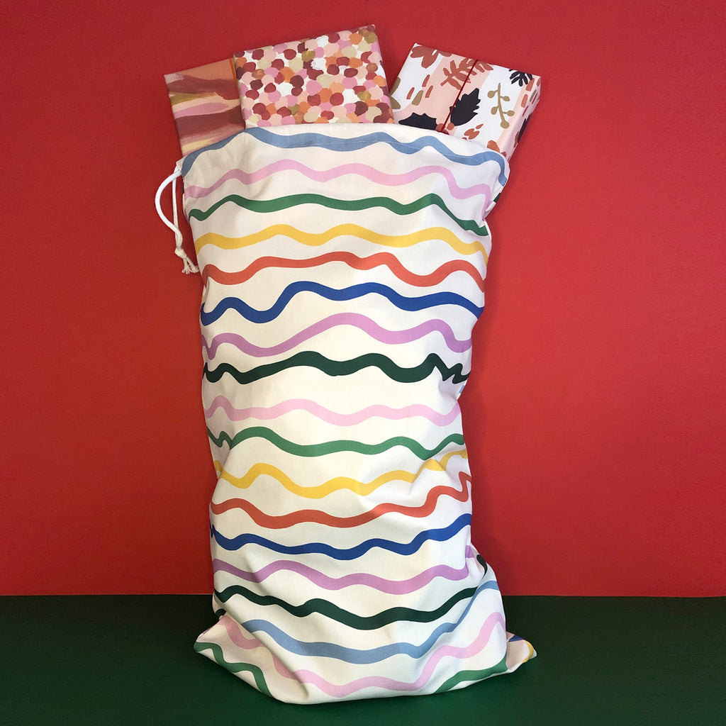 Christmas Present Sack with Colourful Rainbow Squiggly Stripes