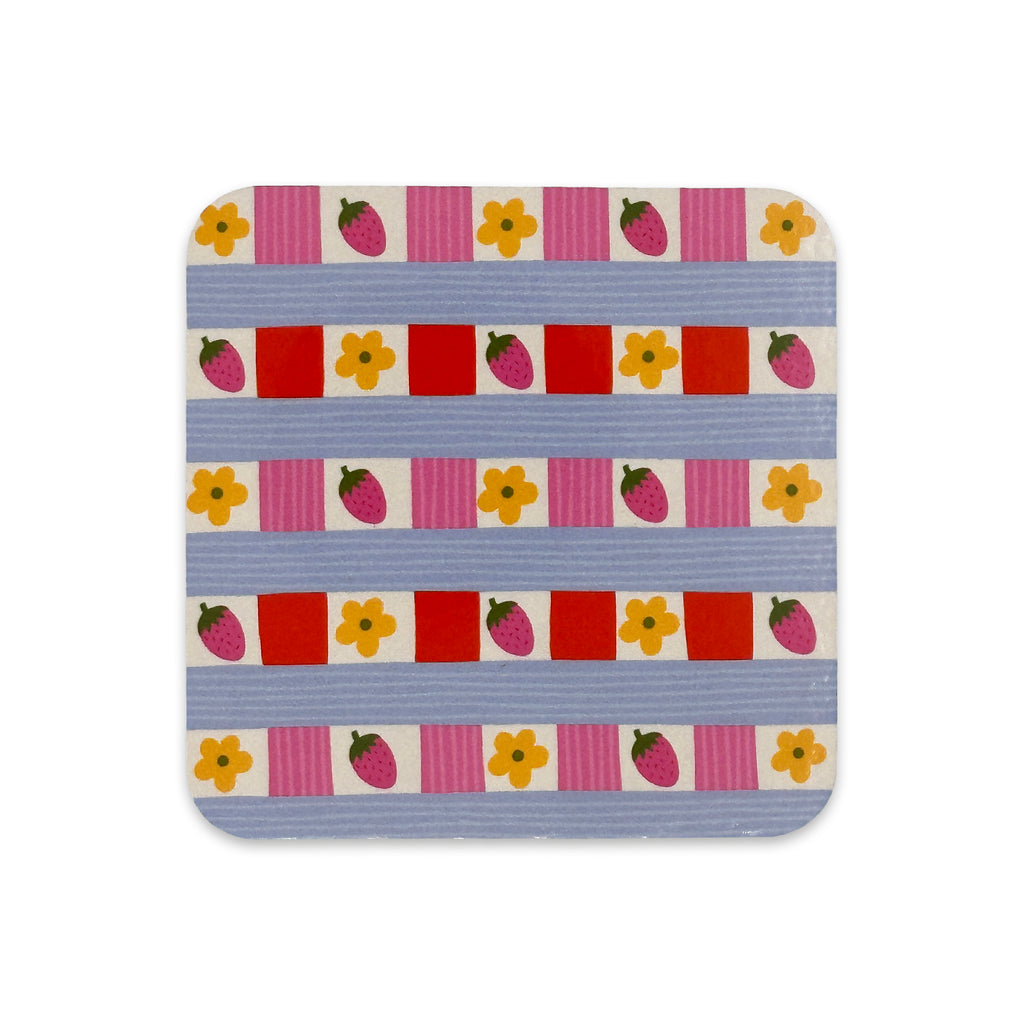Strawberries & Flower Check Coaster