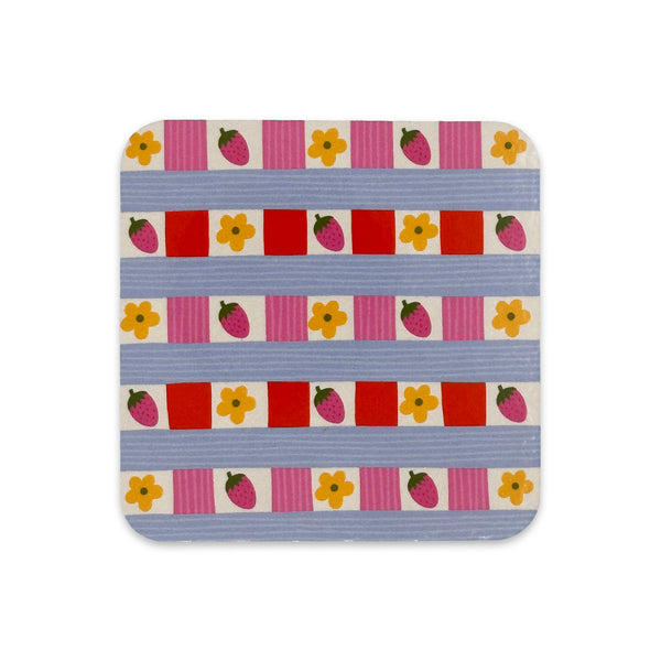 Strawberries & Flower Check Coaster