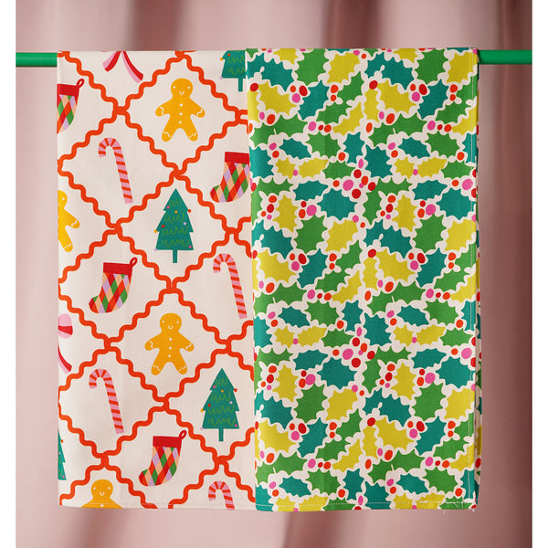 Raspberry Blossom Set Of 2 Tea Towels - Gingerbread & Holly