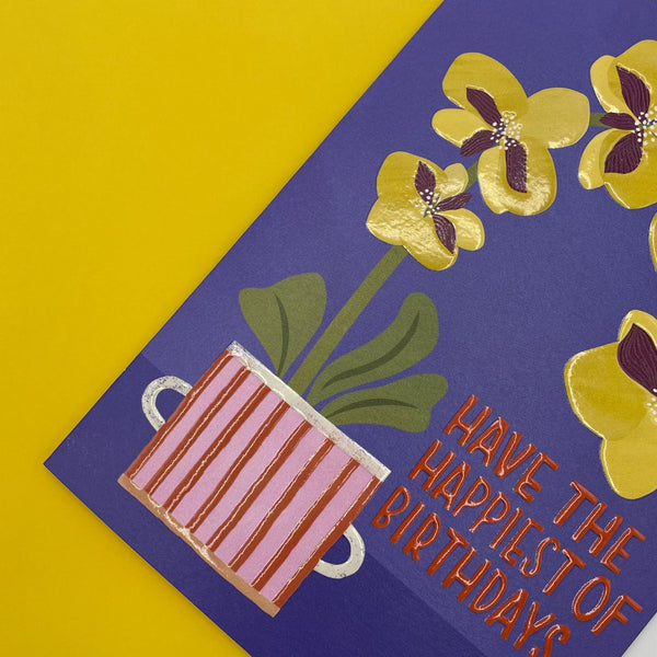 Contemporary 'Have the happiest of Birthdays' yellow orchid card with 3D and high gloss finish detail shot | Raspberry Blossom