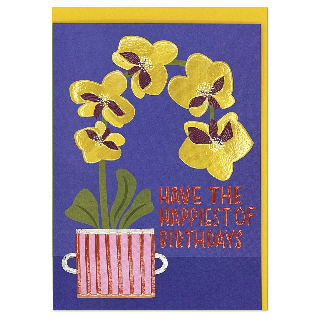 Contemporary 'Have the happiest of Birthdays' yellow orchid card with 3D and high gloss finish | Raspberry Blossom